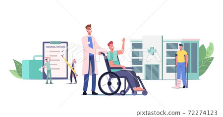 Rehabilitation Concept. Doctor Push Wheelchair with Injured Character with Bandaged Leg, Patient with Broken Limb 72274123