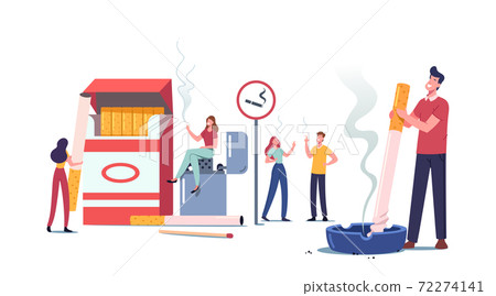 Smokers and Smoking Addiction Concept. Young Tiny People Smoke near Huge Cigarettes Box and Lighter in Public Place Smokers and Smoking Addiction Concept. Young Tiny People Smoke near Huge Cigarettes Box and Lighter in Public Place 72274141