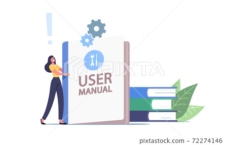 User Manual, Guide Book or Technical Instruction Concept. Tiny Female Character Carry Huge Handbook with Guidance 72274146