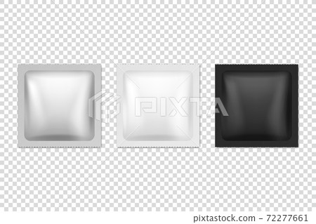 Vector 3d Realistic Square Foil, White, Black Plastic, Paper Long Blank Packaging Set Isolated. Drugs, Coffee, Salt, Sugar, Pepper, Spices, Sachet, Condom Wrapper. Design Template for Mockup. Top View 72277661