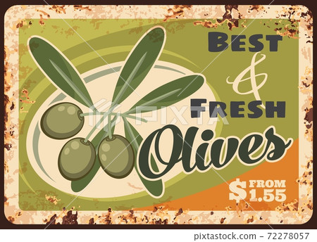 Ripe olives rusty metal plate, vector price tag Ripe olives rusty metal plate, vector price tag 72278057