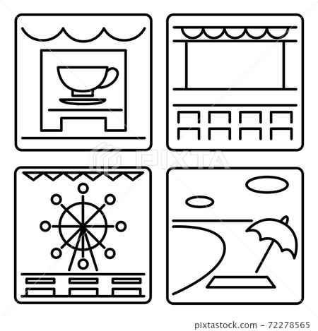 Coffee shop, movie theater, amusement park, sandy beach, tourist spot, public facility, entertainment, illustration icon 72278565