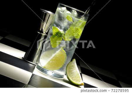 Add mint and lime and stir with a bar spoon to make a mojito. 72278595