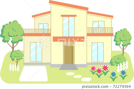 Detached house with red roof garden with parking - Stock Illustration ...