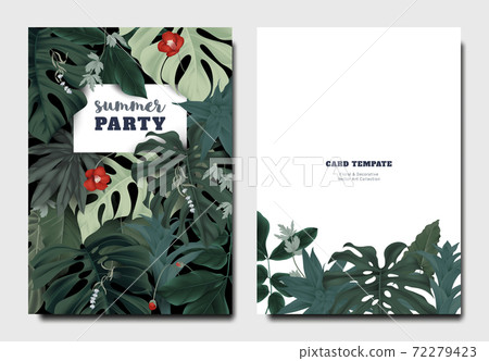 Tropical botanical garden invitation card template design, red Japanese camellia flowers with leaves 72279423