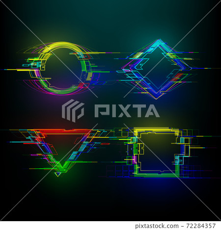 Set of futuristic glitch geometry shapes in cyberpunk style. Modern glowing circle, rhombus, rectangle and triangle with distortion effect. Good for design banners, web. Vector 72284357