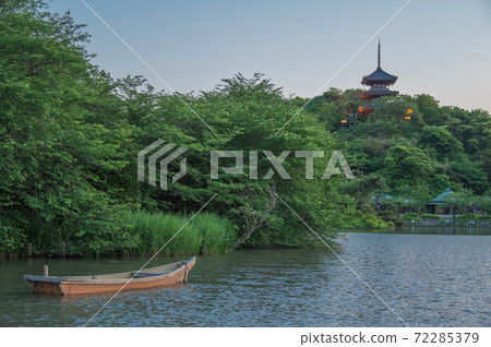 A small boat floating in a pond and the three-story pagoda of the former Tomyoji Temple (Sankeien Garden, Yokohama, Kanagawa Prefecture) A small boat floating in a pond and the three-story pagoda of the former Tomyoji Temple (Sankeien Garden, Yokohama, Kanagawa Prefecture) 72285379