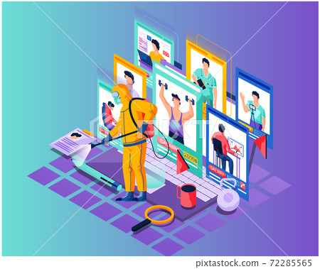 People work online while sanitary worker treat their workplace with disinfectant solution People work online while sanitary worker treat their workplace with disinfectant solution 72285565