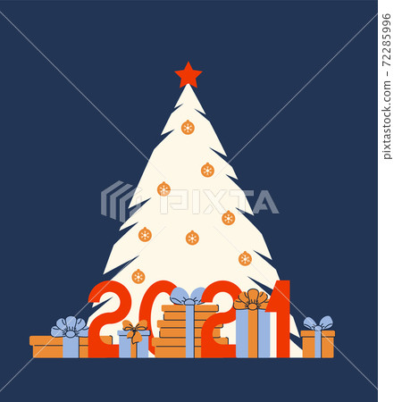 Happy new year 2021 text. Figures, New Year's balls, spruce, gifts. Template for your holiday flyers, greeting and invitation cards, website headers, advertisements. Vector 72285996