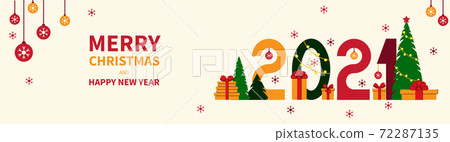 HAPPY NEW YEAR 2021 text. Figures, spruce, balls and gifts. Horizontal banner template for your holiday flyers, greeting and invitation cards, website headers, advertisements. Vector 72287135
