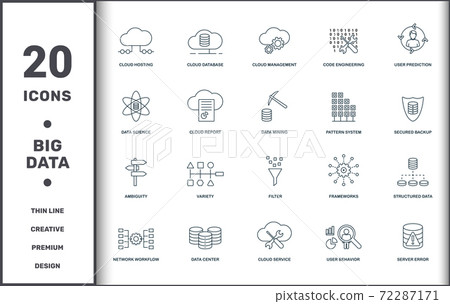 Big Data set icons collection. Includes simple elements such as Cloud Hosting, Cloud Database, Cloud Management, Code Engineering, User Prediction, Variety and Filter premium icons Big Data set icons collection. Includes simple elements such as Cloud Hosting, Cloud Database, Cloud Management, Code Engineering, User Prediction, Variety and Filter premium icons 72287171