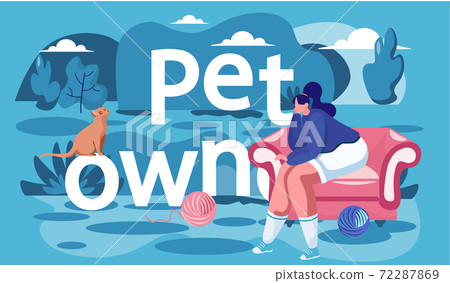 Girl sitting in the armchair Owner of the cat resting on the street. Woman is looking at the kitten 72287869