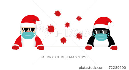 corona virus christmas 2020 design with cute santa claus and penguin cartoon 72289600