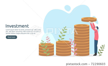 Business investment concept. dollar pile coin, tiny people, money object. graphic chart increase. Financial growth rising up to success. modern flat design landing page template vector illustration Business investment concept. dollar pile coin, tiny people, money object. graphic chart increase. Financial growth rising up to success. modern flat design landing page template vector illustration 72290603