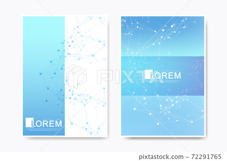 Modern vector template for brochure, leaflet, flyer, advert, cover, catalog, magazine or annual report. Business, science, medical design. Scientific cybernetic dots. Lines plexus. Card surface. 72291765
