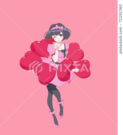 Anime manga girl blows a kiss in dynamic pose. Balloons in the form of a heart. Valentines day card. Vector illustration. 72292360