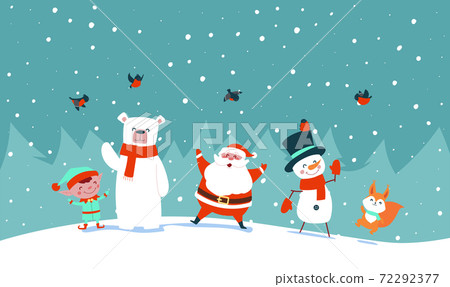 Santa claus with forest animals rejoice and wave his hands. New Year card Santa claus with forest animals rejoice and wave his hands. New Year card 72292377