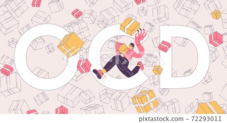 OCD lettering with man trying to catch every box around. Collecting and buying obsessive compulsive disorder. Vector concept illustration about mental health OCD lettering with man trying to catch every box around. Collecting and buying obsessive compulsive disorder. Vector concept illustration about mental health 72293011