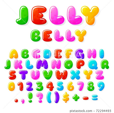 Jelly alphabet. Fruit candy font, typographics cartoon letters and numbers. Sweet bubble marmalade abc, creative kids gum recent vector text 72294493