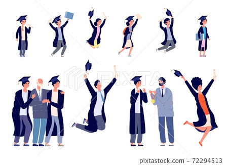 Children graduates. Happy students, kids graduating kindergarten preschool or school. Teenagers hugging college lecturer utter vector set Children graduates. Happy students, kids graduating kindergarten preschool or school. Teenagers hugging college lecturer utter vector set 72294513