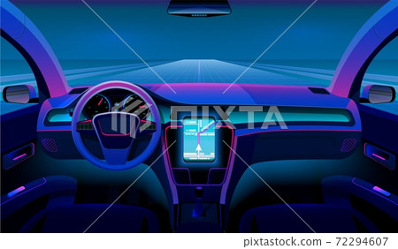 Inside futuristic car. Neon auto, modern interior and road grid. Driverless vehicle on night traffic vector background Inside futuristic car. Neon auto, modern interior and road grid. Driverless vehicle on night traffic vector background 72294607