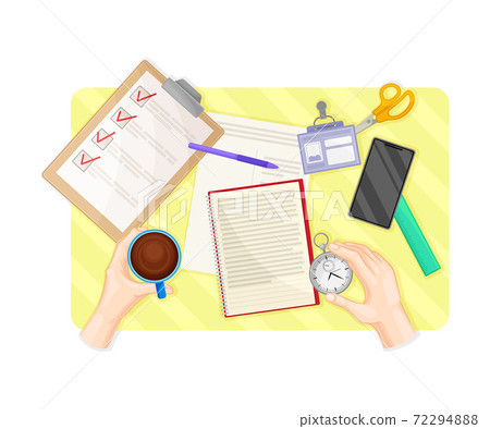 Human Hands Working with Document at Desk Arranging Time Management with Notepad and lipboard with Checkbox List Vector Illustration 72294888