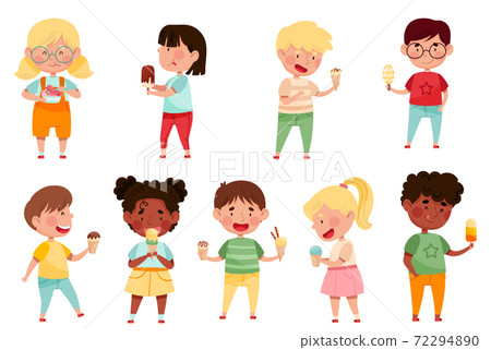 Joyful Boys and Girls Holding and Eating Ice Cream Vector Set Joyful Boys and Girls Holding and Eating Ice Cream Vector Set 72294890