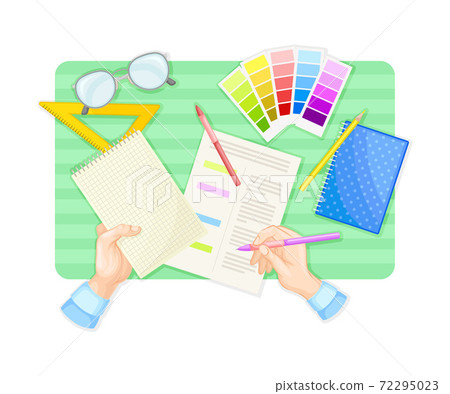 Human Hands Engaged in Paperwork with Stationery Rested Nearby Vector Illustration 72295023