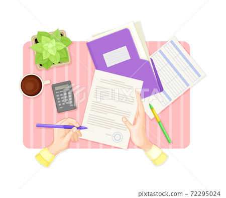 Desk Above Layout with Human Hands Signing Document with Folder and Blank-form Rested Nearby Vector Illustration 72295024