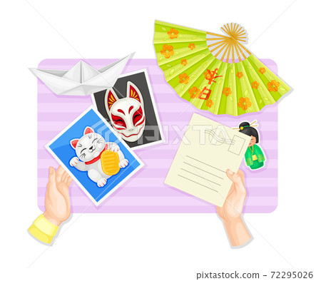 Above Table Layout with Human Hands Reading Postal Card with Chinese Attribute Vector Illustration 72295026