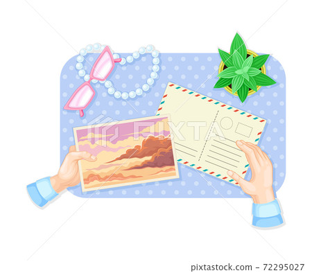 Human Hands Writing Letter and Signing Postal Card at Table Above View Vector Illustration Human Hands Writing Letter and Signing Postal Card at Table Above View Vector Illustration 72295027