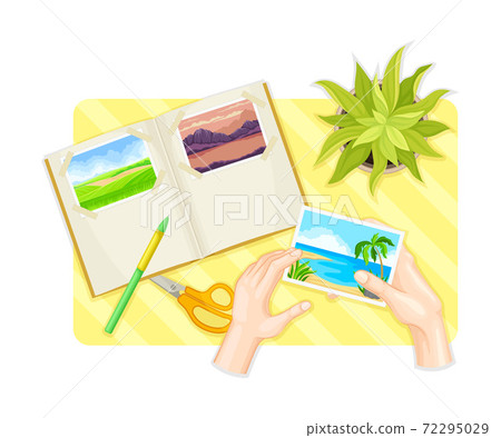 Human Hands Sticking Postal Card in Album at Table Above View Vector Illustration 72295029