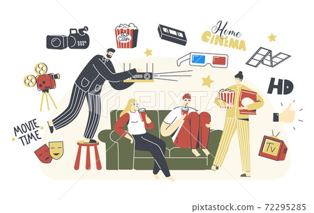 Home Cinema Concept. People Watching TV with Soda and Pop Corn, Male and Female Characters Sitting on Couch Together 72295285