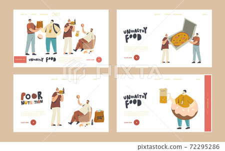 People Enjoy Fast Food in Street Cafe, Unhealthy Eating, Junk Meal Landing Page Template Set. Characters Eat Fastfood 72295286