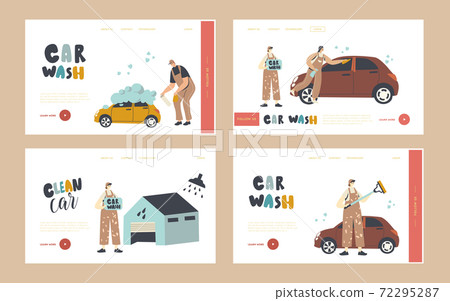 Car Wash Service Landing Page Template Set. Workers Characters in Uniform Lathering Automobile with Sponge and Water Car Wash Service Landing Page Template Set. Workers Characters in Uniform Lathering Automobile with Sponge and Water 72295287