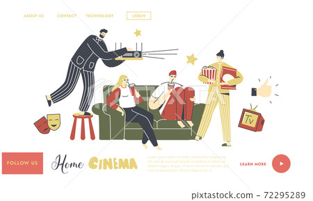 Home Cinema Landing Page Template. People Watching TV with Soda and Pop Corn, Characters Sitting on Couch Together Home Cinema Landing Page Template. People Watching TV with Soda and Pop Corn, Characters Sitting on Couch Together 72295289