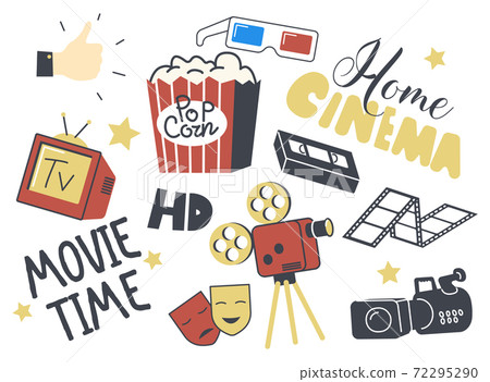 Set of Icons Home Cinema Theme. Retro Camera, Television, Pop Corn and 3d Glasses, Sad Happy Mask, Film Reel and Stars Set of Icons Home Cinema Theme. Retro Camera, Television, Pop Corn and 3d Glasses, Sad Happy Mask, Film Reel and Stars 72295290