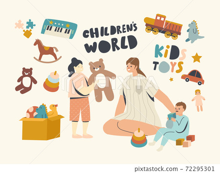 Nurse or Mother Female Character Playing with Little Kids in Playroom. Children Play with Toys in Kindergarten or Home Nurse or Mother Female Character Playing with Little Kids in Playroom. Children Play with Toys in Kindergarten or Home 72295301