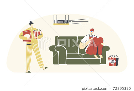 Characters Home Cinema Recreation. Young Man in 3d Glasses Sitting at Sofa with Soda Drink Watching Movie on Tv Characters Home Cinema Recreation. Young Man in 3d Glasses Sitting at Sofa with Soda Drink Watching Movie on Tv 72295350
