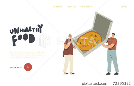 Unhealthy Eating Landing Page Template. Tiny Characters Hold Box with Huge Italian Pizza with Olives, Herbs and Sausage 72295352