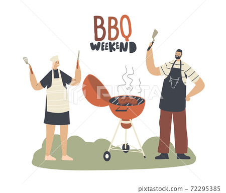 Male and Female Characters in Chief Apron Spend Time on Outdoor Bbq. Family or Friends Cooking Meat on Barbecue Machine 72295385