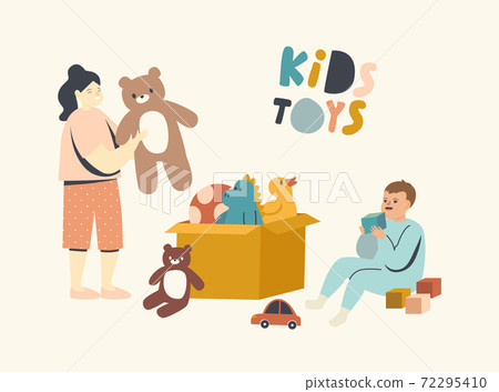Little Boy and Girl Playing with Toys Sitting on Floor with Box Full of Play Things. Cute Children Brother and Sister 72295410