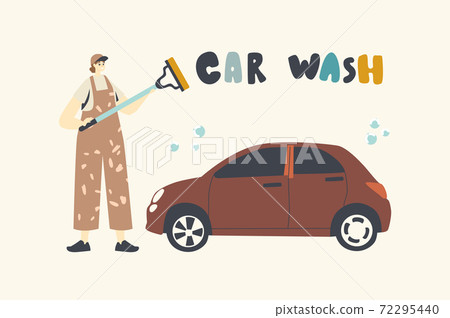 Female Character Work at Car Wash Service. Worker Wearing Uniform Lathering Automobile with Sponge and Pouring Water Female Character Work at Car Wash Service. Worker Wearing Uniform Lathering Automobile with Sponge and Pouring Water 72295440