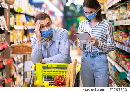Funny young couple with shopping list in supermarket 72295730