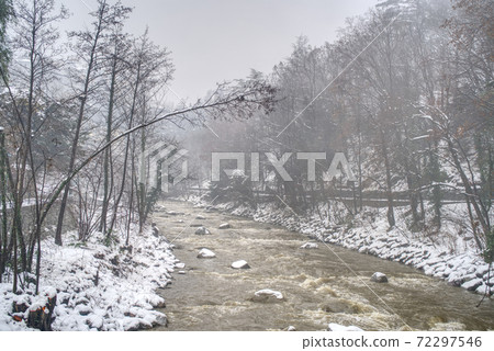 Passer river and its promenade in Merano, Italy covered by snow. 72297546
