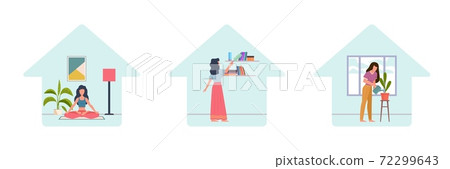Stay home. Self isolation concept collection. Activities during coronavirus quarantine, meditation and yoga, housework and gardening, prevention covid-19 pandemic vector illustration 72299643