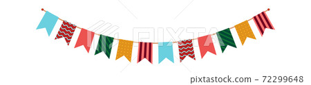 Party bunting. Flags garland with ornament decor, multicolor carnival festive hanging pennants, paper accessories for celebration, party decoration vector isolated single illustration Party bunting. Flags garland with ornament decor, multicolor carnival festive hanging pennants, paper accessories for celebration, party decoration vector isolated single illustration 72299648