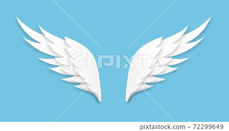 Origami wings. White paper cut angel logo, flying feathers decoration of heaven bird, layered papercut shape, freedom symbol, heraldic vector isolated on blue background emblem Origami wings. White paper cut angel logo, flying feathers decoration of heaven bird, layered papercut shape, freedom symbol, heraldic vector isolated on blue background emblem 72299649