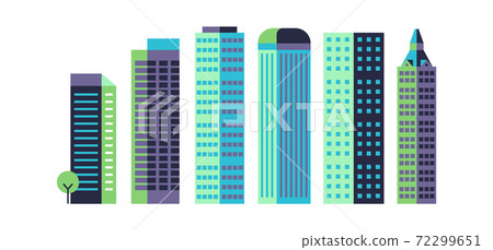 Minimal skyscrapers. Commercial architectural landscape, high multi-storey buildings, modern city urban panorama, simple geometric forms blue and green color vector flat set Minimal skyscrapers. Commercial architectural landscape, high multi-storey buildings, modern city urban panorama, simple geometric forms blue and green color vector flat set 72299651