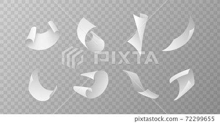 Flying papers set. Blank white paper sheet falling down, scattered notes with curved pages corners, realistic clean empty office documents in air mockup, 3d vector isolated template 72299655